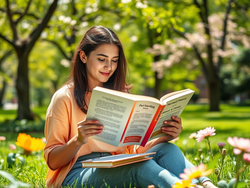 Молодая женщина читает книгу на траве в солнечном парке, окруженная цветами и зелеными деревьями.